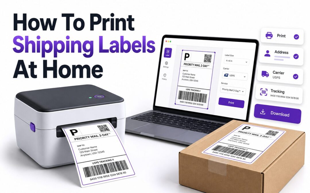 Home printer producing a shipping label for a package