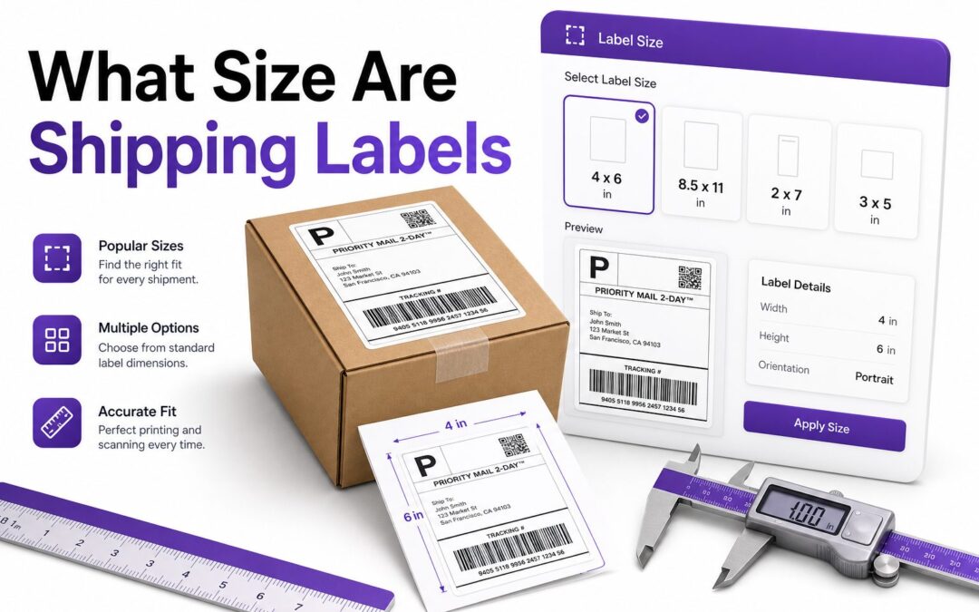 Shipping label size guide showing common label dimensions on packages
